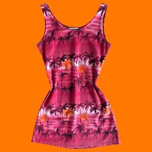 90's vintage red tropical palm tree print sleeveless bodycon mini dress SMALL